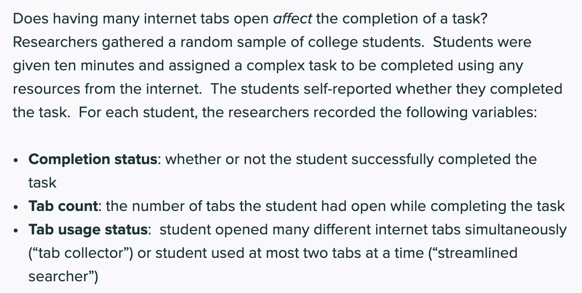 Does having many internet tabs open affect the completion of a task?
Researchers gathered a random sample of college students. Students were
given ten minutes and assigned a complex task to be completed using any
resources from the internet. The students self-reported whether they completed
the task. For each student, the researchers recorded the following variables:
Completion status: whether or not the student successfully completed the
task
• Tab count: the number of tabs the student had open while completing the task
Tab usage status: student opened many different internet tabs simultaneously
("tab collector") or student used at most two tabs at a time ("streamlined
searcher")
