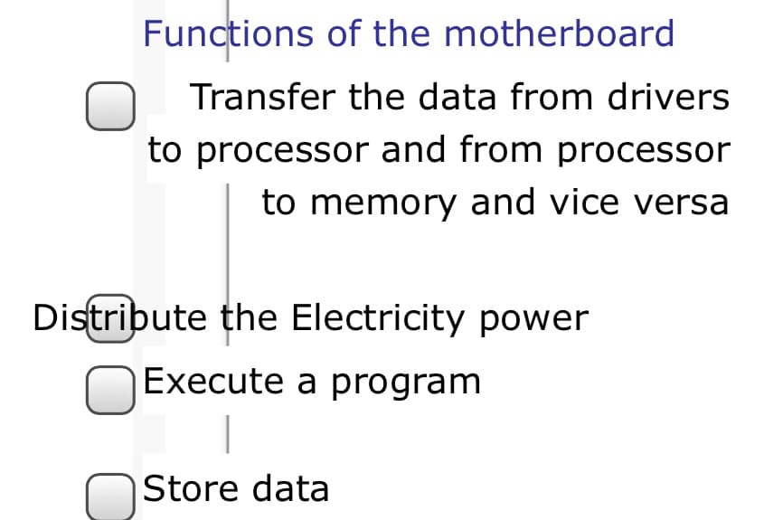 Functions of the motherboard
Transfer the data from drivers
to processor and from processor
to memory and vice versa
Distribute the Electricity power
Execute a program
Store data
