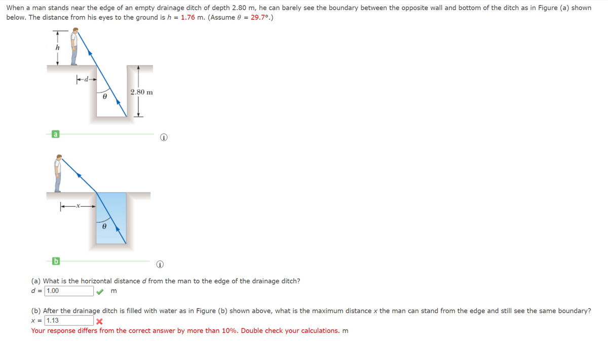 When a man stands near the edge of an empty drainage ditch of depth 2.80 m, he can barely see the boundary between the opposite wall and bottom of the ditch as in Figure (a) shown
below. The distance from his eyes to the ground is h = 1.76 m. (Assume 0 = 29.7°.)
h
-d--
2.80 m
a
b
(a) What is the horizontal distance d from the man to the edge of the drainage ditch?
d = 1.00
m
(b) After the drainage ditch is filled with water as in Figure (b) shown above, what is the maximum distance x the man can stand from the edge and still see the same boundary?
X = 1.13
Your response differs from the correct answer by more than 10%. Double check your calculations. m
