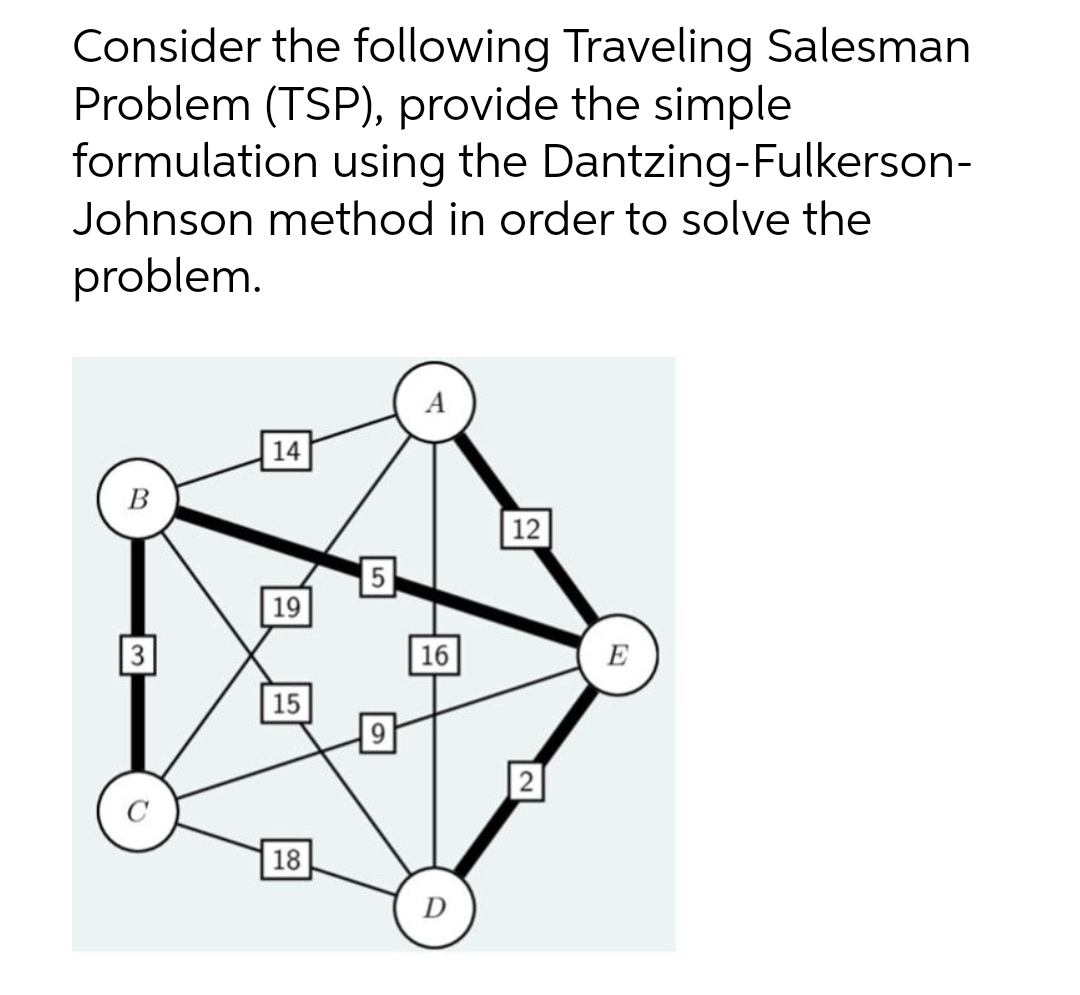 Consider the following Traveling Salesman
Problem (TSP), provide the simple
formulation using the Dantzing-Fulkerson-
Johnson method in order to solve the
problem.
A
14
В
12
15
19
3
16
E
15
2
C
18
D
