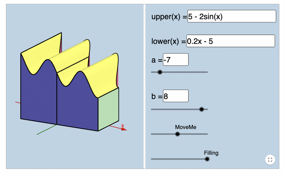 upper(x) =5 - 2sin(x)
lower(x) =0.2x - 5
a =-7
%3D
b =8
MoveMe
Filling
