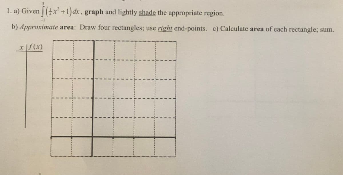 3
1. a) Given | (x +1)dx, graph and lightly shade the appropriate region.
-1
b) Approximate area: Draw four rectangles; use right end-points. c) Calculate area of each rectangle; sum.
x |f(x)
%D
3D
