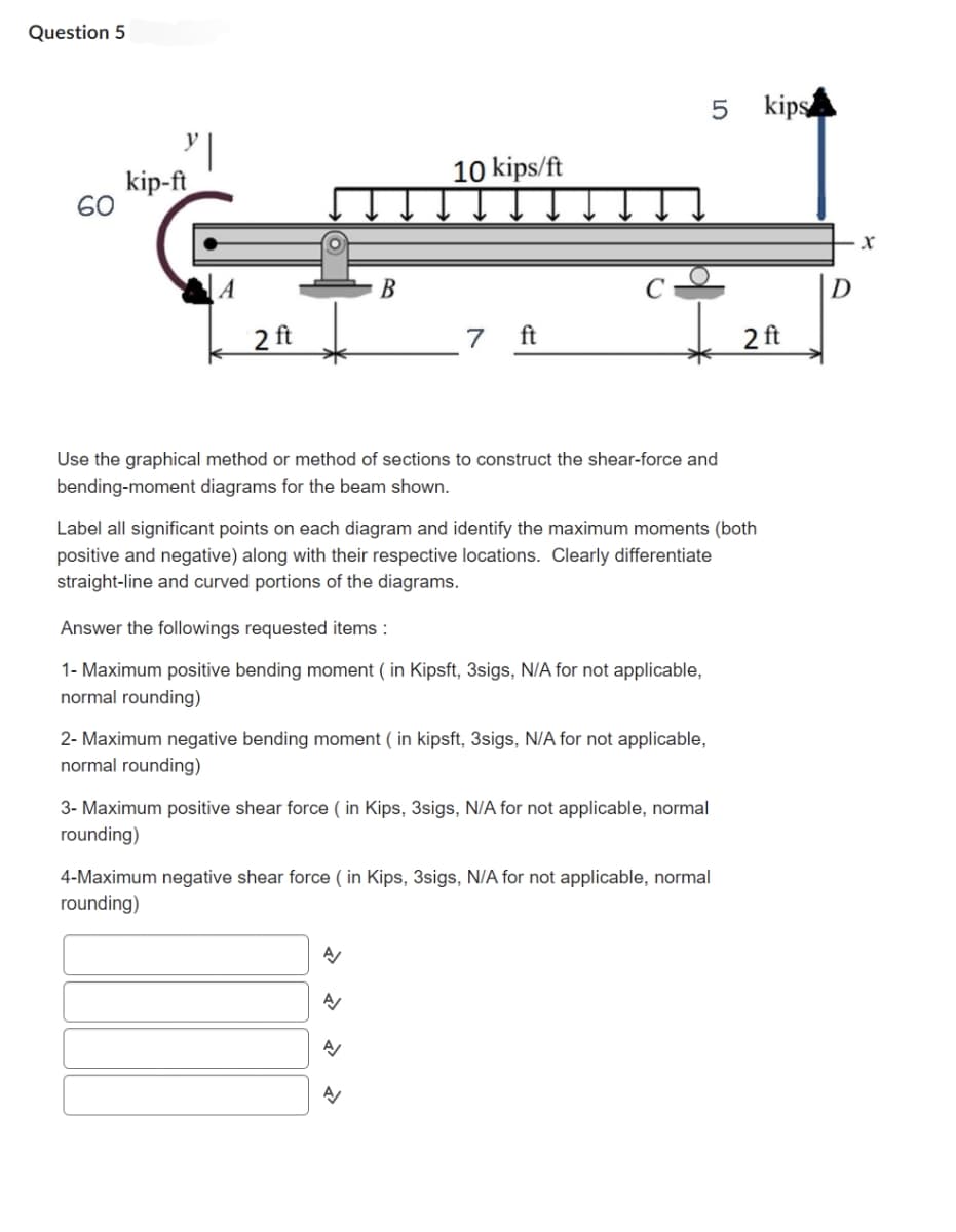 Question 5
60
y |
kip-ft
A
2 ft
B
10 kips/ft
Use the graphical method or method of sections to construct the shear-force and
bending-moment diagrams for the beam shown.
7 ft
Answer the followings requested items :
1- Maximum positive bending moment (in Kipsft, 3sigs, N/A for not applicable,
normal rounding)
Label all significant points on each diagram and identify the maximum moments (both
positive and negative) along with their respective locations. Clearly differentiate
straight-line and curved portions of the diagrams.
2- Maximum negative bending moment (in kipsft, 3sigs, N/A for not applicable,
normal rounding)
A
3- Maximum positive shear force (in Kips, 3sigs, N/A for not applicable, normal
rounding)
A
A/
5
4-Maximum negative shear force (in Kips, 3sigs, N/A for not applicable, normal
rounding)
kips
2 ft
D
X
