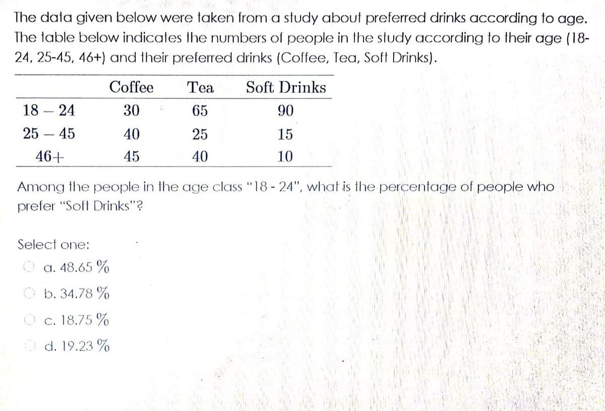 The data given below were taken from a study about preferred drinks according to age.
The table below indicates the numbers of people in the study according to their age (18-
24, 25-45, 46+) and their preferred drinks (Coffee, Tea, Soft Drinks).
Coffee
Tea
Soft Drinks
18 – 24
30
65
90
25 – 45
40
25
15
46+
45
40
10
Among the people in the age class "18 - 24", what is the percentage of people who
prefer "Soft Drinks"?
Select one:
a. 48.65 %
O b. 34.78 %
O c. 18.75 %
O d. 19.23 %
