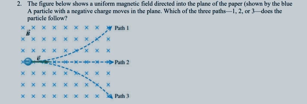 2. The figure below shows a uniform magnetic field directed into the plane of the paper (shown by the blue
A particle with a negative charge moves in the plane. Which of the three paths-1, 2, or 3–does the
particle follow?
M Path 1
Path 2
x x
X X
APath 3
