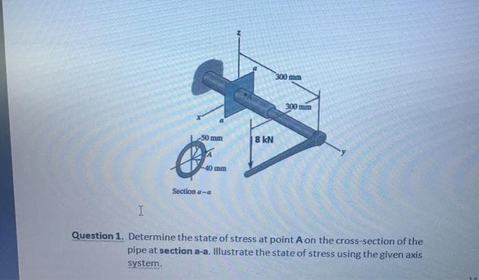 300 mm
300 mim
50 mm
8 kN
40 mm
Section a-a
Question 1. Determine the state of stress at point A on the cross-section of the
pipe at section a-a. Illustrate the state of stress using the given axis
system.
