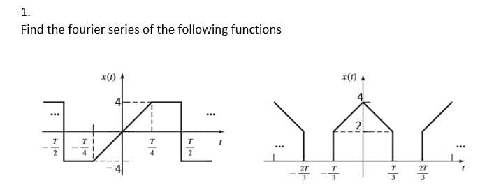 1.
Find the fourier series of the following functions
x()
x(1)
...
T
2
2
27
T
27
