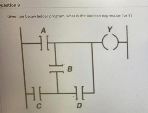 uestion 9
Given the below ladder program, what is the boolean expression for Y?
C

