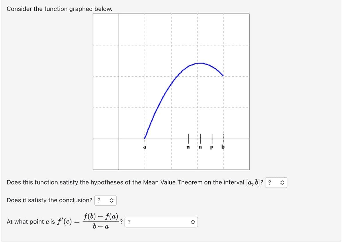 Consider the function graphed below.
At what point cis f¹(c) =
M
Does this function satisfy the hypotheses of the Mean Value Theorem on the interval [a, b]? ?
Does it satisfy the conclusion?? î
f(b) – f(a),
b-a
?
n P
î