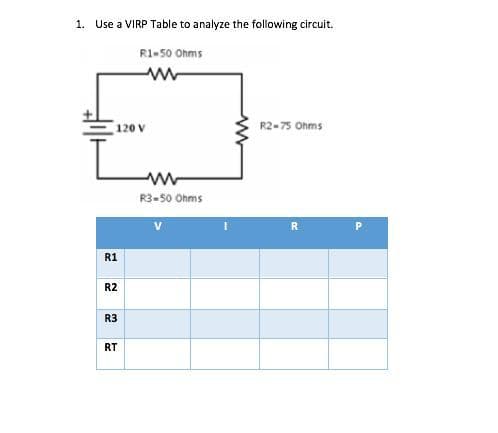 1. Use a VIRP Table to analyze the following circuit.
R1-50 Ohms
120 V
R2-75 Ohms
R3-50 Ohms
R
R1
R2
R3
RT
