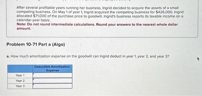 After several profitable years running her business, Ingrid decided to acquire the assets of a small
competing business. On May 1 of year 1, Ingrid acquired the competing business for $426,000. Ingrid
allocated $71,000 of the purchase price to goodwill. Ingrid's business reports its taxable income on a
calendar-year basis.
Note: Do not round intermediate calculations. Round your answers to the nearest whole dollar
amount.
Problem 10-71 Part a (Algo)
a. How much amortization expense on the goodwill can Ingrid deduct in year 1, year 2, and year 3?
Year 1
Year 2
Year 3
Deductible Amortization
Expense