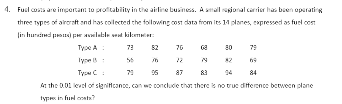 4. Fuel costs are important to profitability in the airline business. A small regional carrier has been operating
three types of aircraft and has collected the following cost data from its 14 planes, expressed as fuel cost
(in hundred pesos) per available seat kilometer:
Туре А :
73
82
76
68
80
79
Туре В :
56
76
72
79
82
69
Туре С :
79
95
87
83
94
84
At the 0.01 level of significance, can we conclude that there is no true difference between plane
types in fuel costs?
