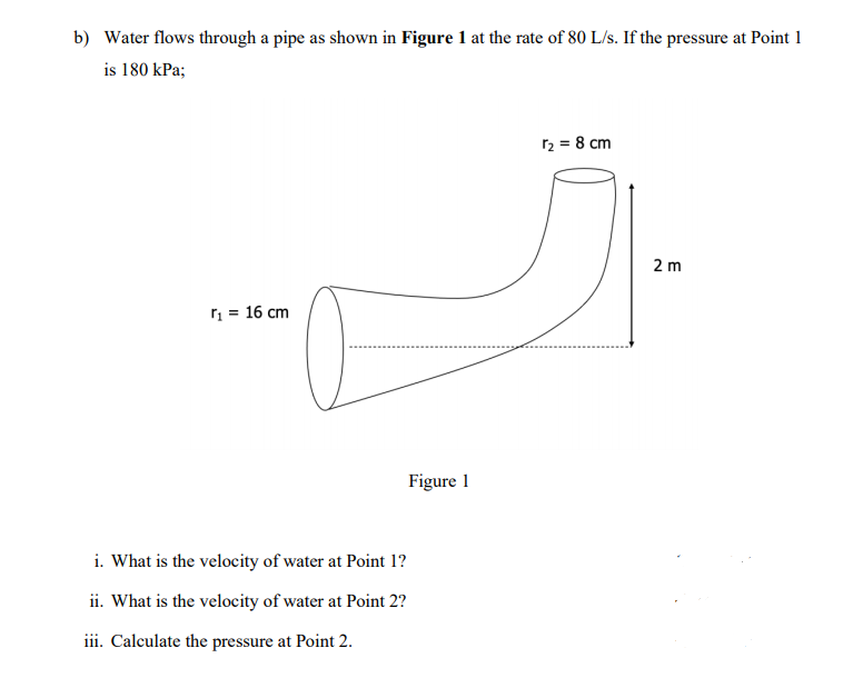 b) Water flows through a pipe as shown in Figure 1 at the rate of 80 L/s. If the pressure at Point 1
is 180 kPa;
r2 = 8 cm
2 m
ņ = 16 cm
Figure 1
i. What is the velocity of water at Point 1?
ii. What is the velocity of water at Point 2?
iii. Calculate the pressure at Point 2.
