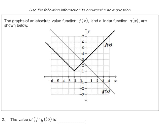 Use the following information to answer the next question
The graphs of an absolute value function, f(x), and a linear function, g(x), are
shown below.
f(x)
-6 -5 4 -3 -2 -4
| 2 3
g(x)
2.
The value of (f g)(0) is
1.
