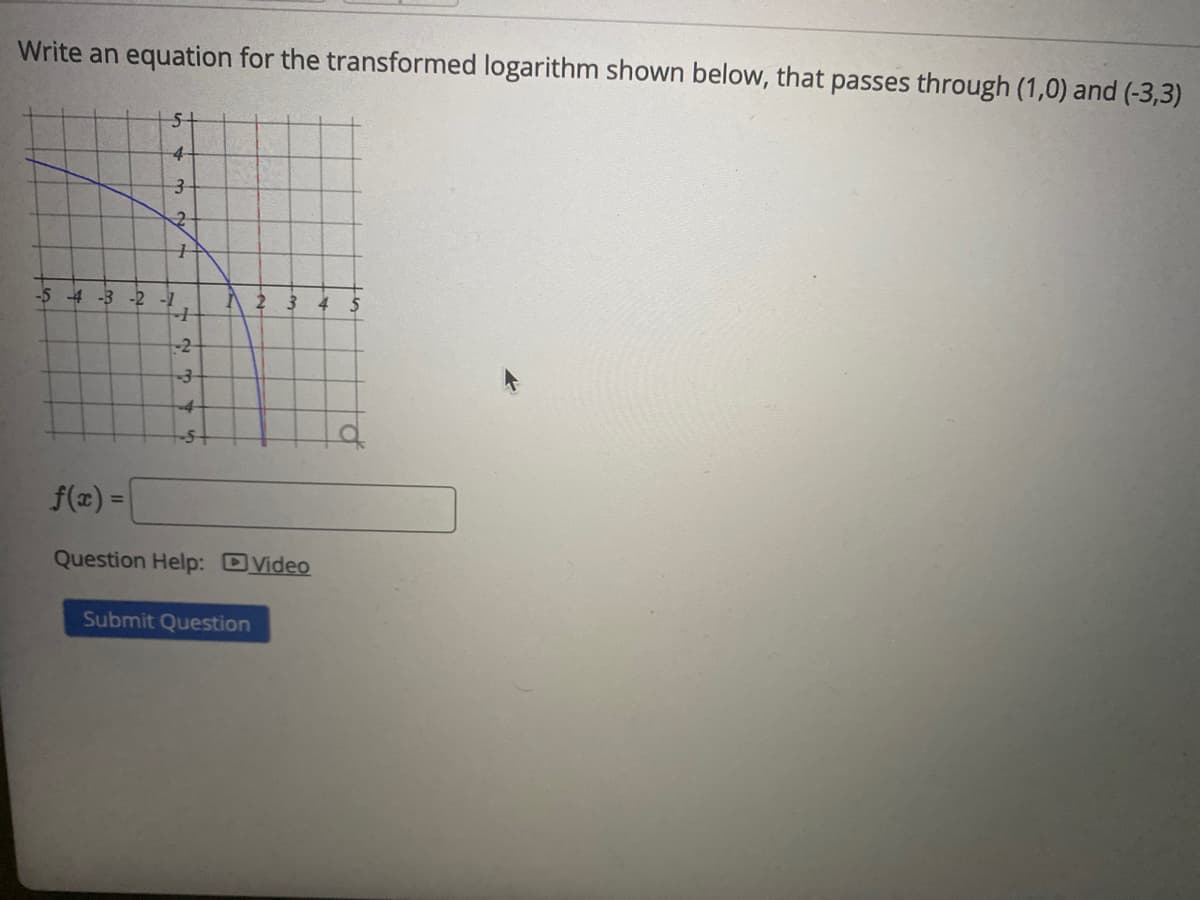 Write an equation for the transformed logarithm shown below, that passes through (1,0) and (-3,3)
4-
-5 -4 -3 -2 -1
A 2 3 4
f(a) =
Question Help: DVideo
Submit Question
2.
