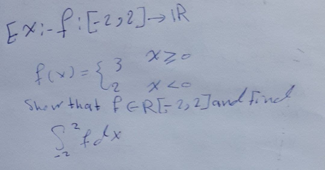 Ex:- f: [2₂2]-→IR
xzo
f(x) = { }
2
Show that FERE 2, 2] and find
S²fdx