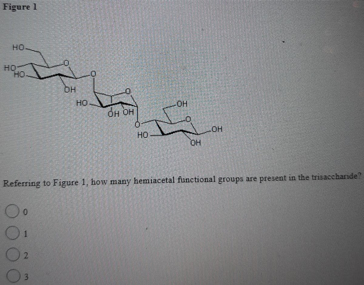 Figure 1
HO
HO
HO
но
HO.
OH OH
HO
Но
HO
Referring to Figure 1, how many hemiacetal functional groups are present in the trisaccharide?
02

