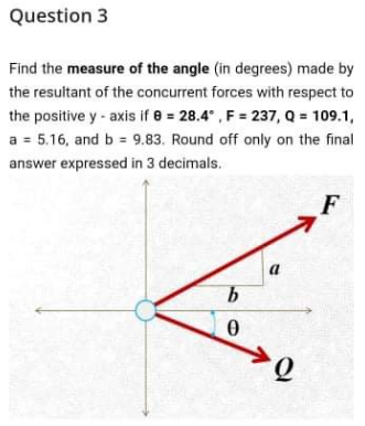 Question 3
Find the measure of the angle (in degrees) made by
the resultant of the concurrent forces with respect to
the positive y - axis if 8 = 28.4° , F = 237, Q = 109.1,
a = 5.16, and b = 9.83. Round off only on the final
answer expressed in 3 decimals.
a
