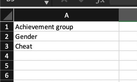 A
1 Achievement group
2 Gender
3 Cheat
4
5
6
