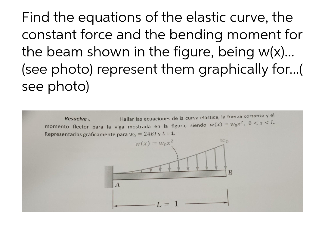 Find the equations of the elastic curve, the
constant force and the bending moment for
the beam shown in the figure, being w(x)...
(see photo) represent them graphically for...(
see photo)
Resuelve,
Hallar las ecuaciones de la curva elástica, la fuerza cortante y el
momento flector para la viga mostrada en la figura, siendo w(x) = wox², 0<x<L.
Representarlas gráficamente para wo = 24EI y L = 1.
W0
w(x) = w₁x²
A
L = 1
B