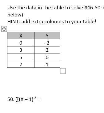 Use the data in the table to solve #46-50:
below)
HINT: add extra columns to your table!
Y
-2
3
3
7
1
50. Σ(Χ-1) 2 =
