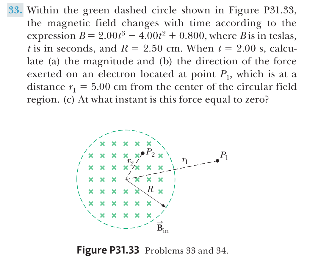 Within the green dashed circle shown in Figure P31.33,
the magnetic field changes with time according to the
expression B = 2.00t3 – 4.00t² + 0.800, where Bis in teslas,
t is in seconds, and R = 2.50 cm. When t = 2.00 s, calcu-
late (a) the magnitude and (b) the direction of the force
exerted on an electron located at point P, which is at a
distance r
region. (c) At what instant is this force equal to zero?
||
5.00 cm from the center of the circular field
* X X x ×
P2 *
P1
X x X X
12
r9 /
X x x × 7×
R
X X X ×
* x X X × X
X x x X X
Bin
x1 x x
* /* x
