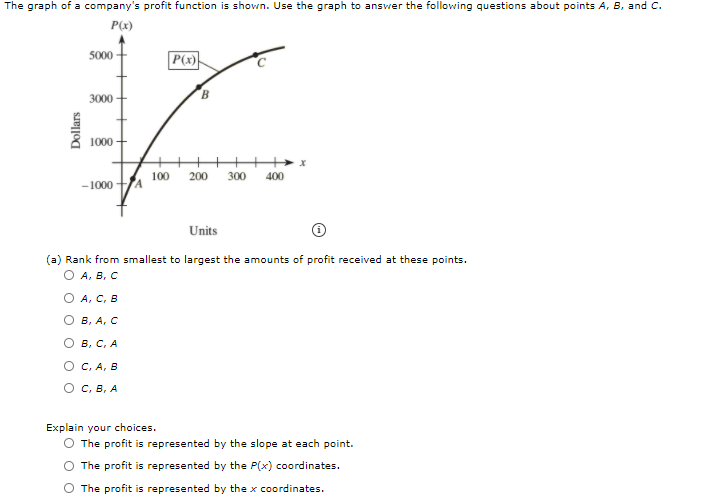 The graph of a company's profit function is shown. Use the graph to answer the following questions about points A, B, and C.
P(x)
5000
P(x)
B
3000
1000
100
200
300
400
-1000
Units
(a) Rank from smallest to largest the amounts of profit received at these points.
О А, В, с
O A, C, B
О в, А, с
О в, с, А
O C, A, B
Ос. В, А
Explain your choices.
O The profit is represented by the slope at each point.
The profit is represented by the P(x) coordinates.
The profit is represented by the x coordinates.
Dollars
