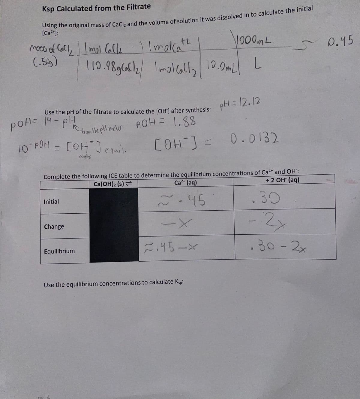 Ksp Calculated from the Filtrate
Using the original mass of CaCl₂ and the volume of solution it was dissolved in to calculate the initial
[Ca²+]:
moss of Call, Imol Calle
(.5%)
рон 14-рн
from the pH meter
10-POH = [OH-] equílo
Zsigfios
Use the pH of the filtrate to calculate the [OH-] after synthesis:
POH = 1.88
Initial
119.98g6al12
Change
Equilibrium
Imolatz
Imolcalla
ng 4
10.0mL
[OH-] =
Use the equilibrium concentrations to calculate Ksp:
1000mL
L
Complete the following ICE table to determine the equilibrium concentrations of Ca²+ and OH:
+ 2 OH* (aq)
Ca(OH)2 (s) =
Ca²+ (aq)
2.45
.30
- 2x
-X
2.45-x
.30-2x
pH = 12.12
0.0132
S
0.45