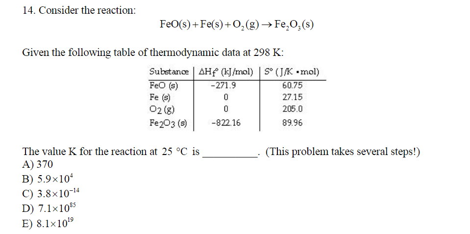 14. Consider the reaction:
FeO(s) + Fe(s)+0,(g)→Fe,O;(s)
Given the following table of thermodynamic data at 298 K:
Substance | AHf (kJ/mol) S° (J/K •mol)
Feo (s)
Fe (s)
02 (8)
Fe203 (s)
-271.9
60.75
27.15
205.0
-822.16
89.96
The value K for the reaction at 25 °C is
(This problem takes several steps!)
A) 370
B) 5.9×104
C) 3.8×10-14
D) 7.1×10$5
E) 8.1×101º
