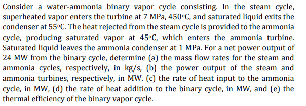 Consider a water-ammonia binary vapor cycle consisting. In the steam cycle,
superheated vapor enters the turbine at 7 MPa, 450°C, and saturated liquid exits the
condenser at 55°C. The heat rejected from the steam cycle is provided to the ammonia
cycle, producing saturated vapor at 45°C, which enters the ammonia turbine.
Saturated liquid leaves the ammonia condenser at 1 MPa. For a net power output of
24 MW from the binary cycle, determine (a) the mass flow rates for the steam and
ammonia cycles, respectively, in kg/s, (b) the power output of the steam and
ammonia turbines, respectively, in MW. (c) the rate of heat input to the ammonia
cycle, in MW, (d) the rate of heat addition to the binary cycle, in MW, and (e) the
thermal efficiency of the binary vapor cycle.
