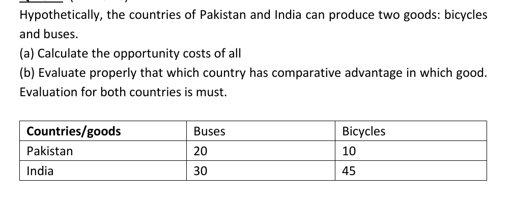 Hypothetically, the countries of Pakistan and India can produce two goods: bicycles
and buses.
(a) Calculate the opportunity costs of all
(b) Evaluate properly that which country has comparative advantage in which good.
Evaluation for both countries is must.
Countries/goods
Buses
Bicycles
Pakistan
20
10
India
30
45
