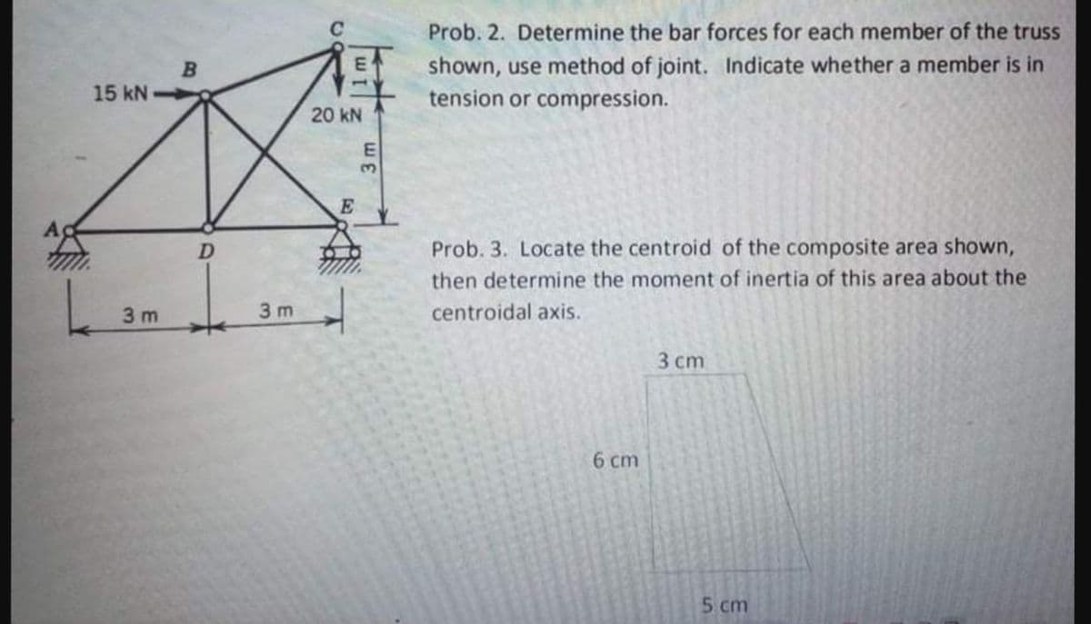 Prob. 2. Determine the bar forces for each member of the truss
shown, use method of joint. Indicate whether a member is in
tension or compression.
E
15 kN
20 kN
E
Prob. 3. Locate the centroid of the composite area shown,
then determine the moment of inertia of this area about the
3 m
3 m
centroidal axis.
3 ст
6 cm
5 cm
3 m
