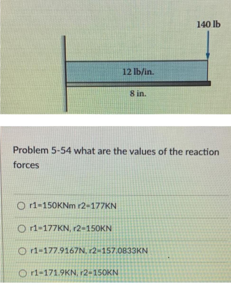 140 lb
12 lb/in.
8 in.
Problem 5-54 what are the values of the reaction
forces
O r1=150KNM r2=177KN
O r1=177KN, r2=150KN
O r1=177.9167N, r2=157.0833KN
O r1=171.9KN, r2=150KN
