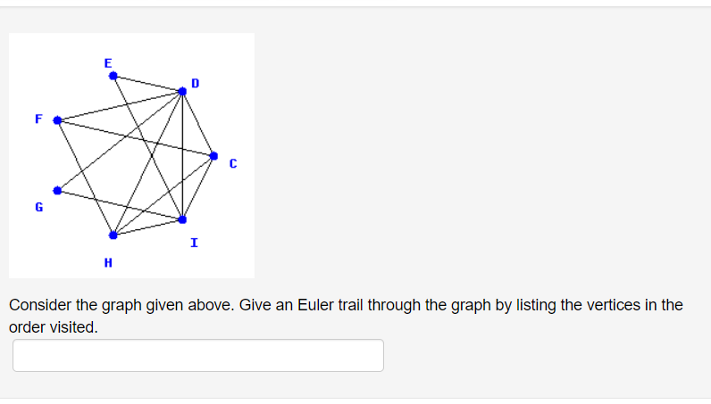 E
D
F
G
I
H
Consider the graph given above. Give an Euler trail through the graph by listing the vertices in the
order visited.
