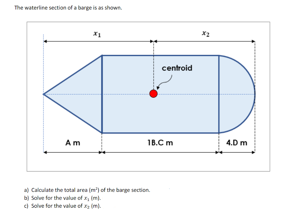 The waterline section of a barge is as shown.
X1
X2
centroid
Am
1В.C m
4.D m
a) Calculate the total area (m?) of the barge section.
b) Solve for the value of x1 (m).
c) Solve for the value of x2 (m).
