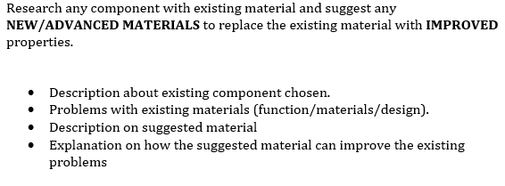 Research any component with existing material and suggest any
NEW/ADVANCED MATERIALS to replace the existing material with IMPROVED
properties.
• Description about existing component chosen.
• Problems with existing materials (function/materials/design).
Description on suggested material
• Explanation on how the suggested material can improve the existing
problems
