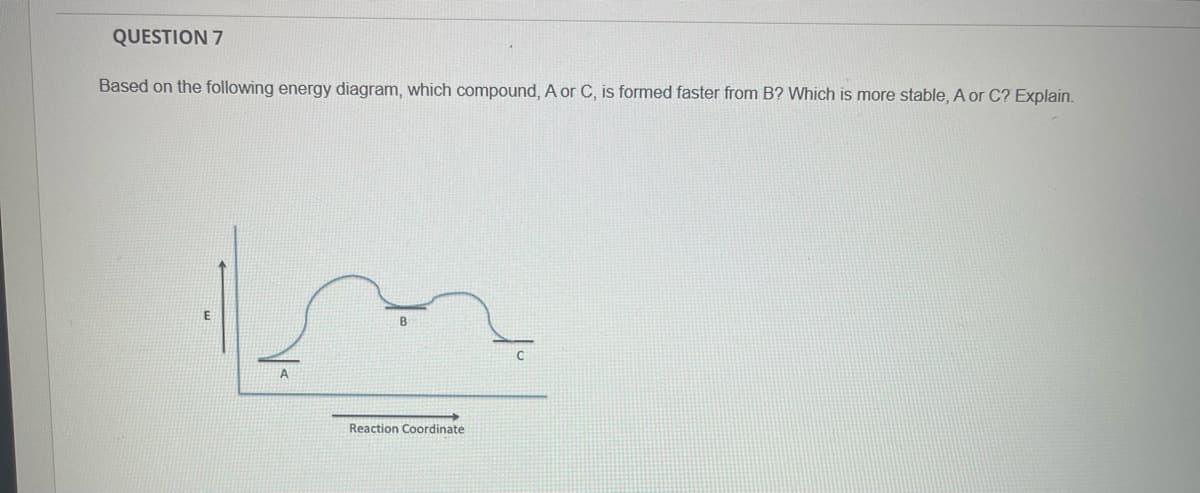 QUESTION 7
Based on the following energy diagram, which compound, A or C, is formed faster from B? Which is more stable, A or C? Explain.
A
Reaction Coordinate