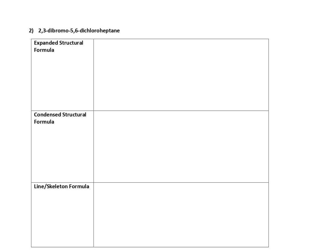 2) 2,3-dibromo-5,6-dichloroheptane
Expanded Structural
Formula
Condensed Structural
Formula
Line/Skeleton Formula

