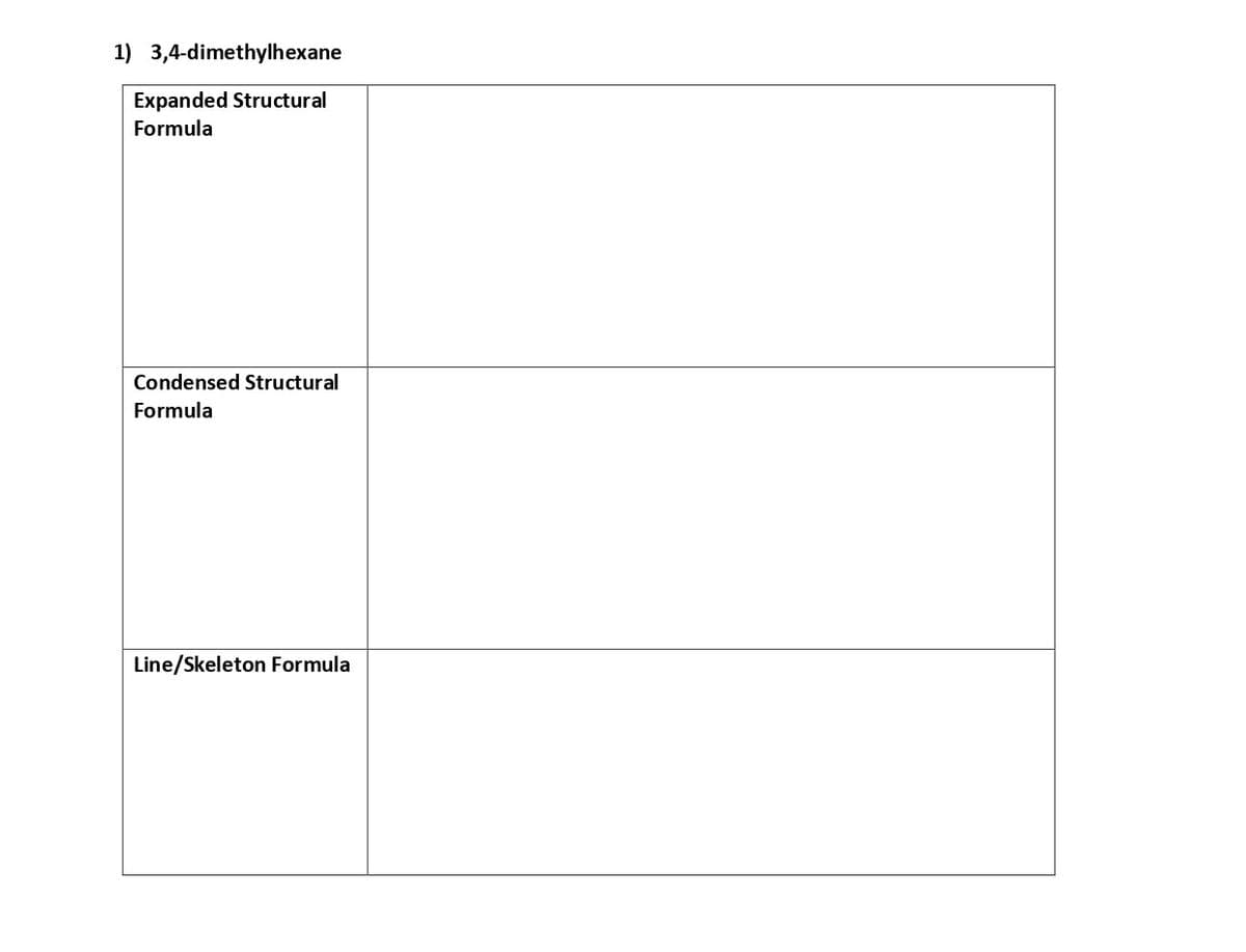 1) 3,4-dimethylhexane
Expanded Structural
Formula
Condensed Structural
Formula
Line/Skeleton Formula
