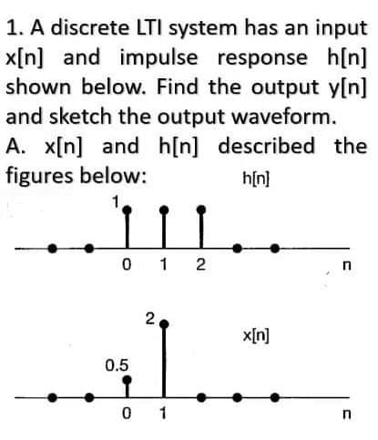 1. A discrete LTI system has an input
x[n] and impulse response h[n]
shown below. Find the output y[n]
and sketch the output waveform.
A. x[n] and h[n] described the
figures below:
h[n]
1
012
0.5
11
2
0 1
x[n]
C
n
