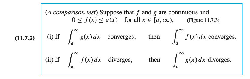 (A comparison test) Suppose that ƒ and g are continuous and
0 < f(x) < g(x)
for all x e [a, ).
(Figure 11.7.3)
(11.7.2)
(i) If
|
g(x) dx converges,
then
|
f(x) dx converges.
a
(ii) If
| f(x)dx diverges,
| 8(x)dx diverges.
then
a
a
