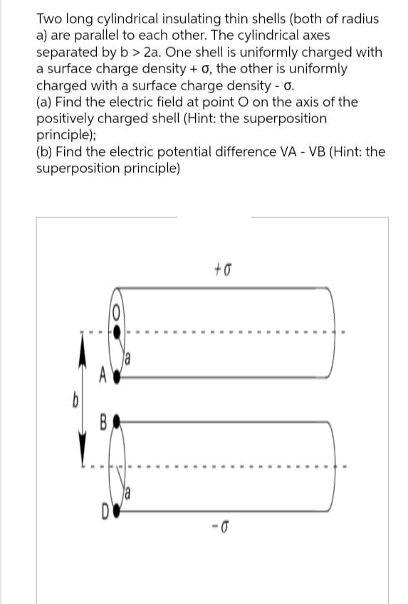 Two long cylindrical insulating thin shells (both of radius
a) are parallel to each other. The cylindrical axes
separated by b> 2a. One shell is uniformly charged with
a surface charge density + 0, the other is uniformly
charged with a surface charge density - o.
(a) Find the electric field at point O on the axis of the
positively charged shell (Hint: the superposition
principle);
(b) Find the electric potential difference VA - VB (Hint: the
superposition principle)
+0
-0