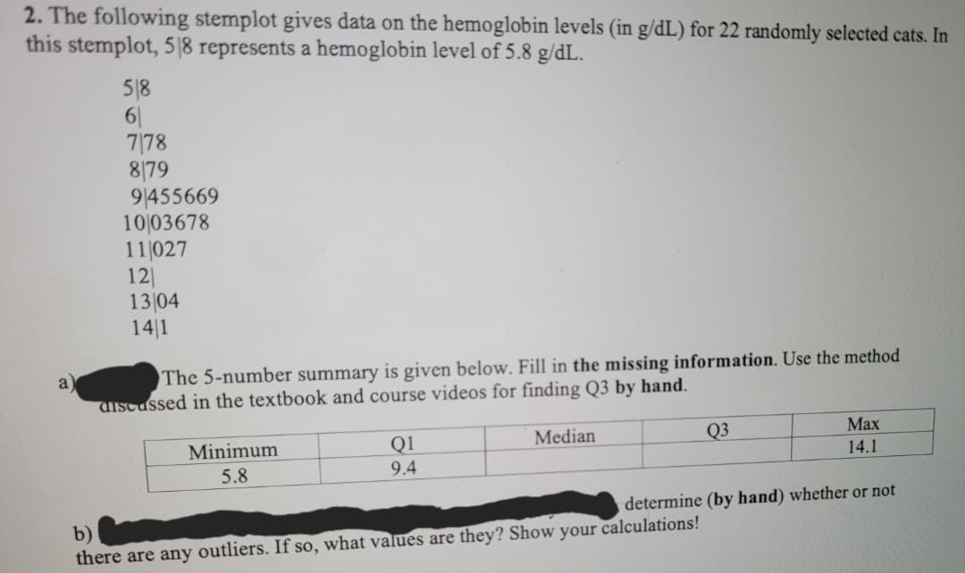 2. The following stemplot gives data on the hemoglobin levels (in g/dL) for 22 randomly selected cats. In
this stemplot, 5|8 represents a hemoglobin level of 5.8 g/dL.
5|8
6|
7/78
8|79
9|455669
10|03678
11 027
12|
13|04
14|1
a
The 5-number summary is given below. Fill in the missing information. Use the method
discussed in the textbook and course videos for finding Q3 by hand.
Minimum
Q1
Median
Q3
Маx
14.1
5.8
9.4
,determine (by hand) whether or not
b)
there are any outliers. If so, what values are they? Show your calculations!
