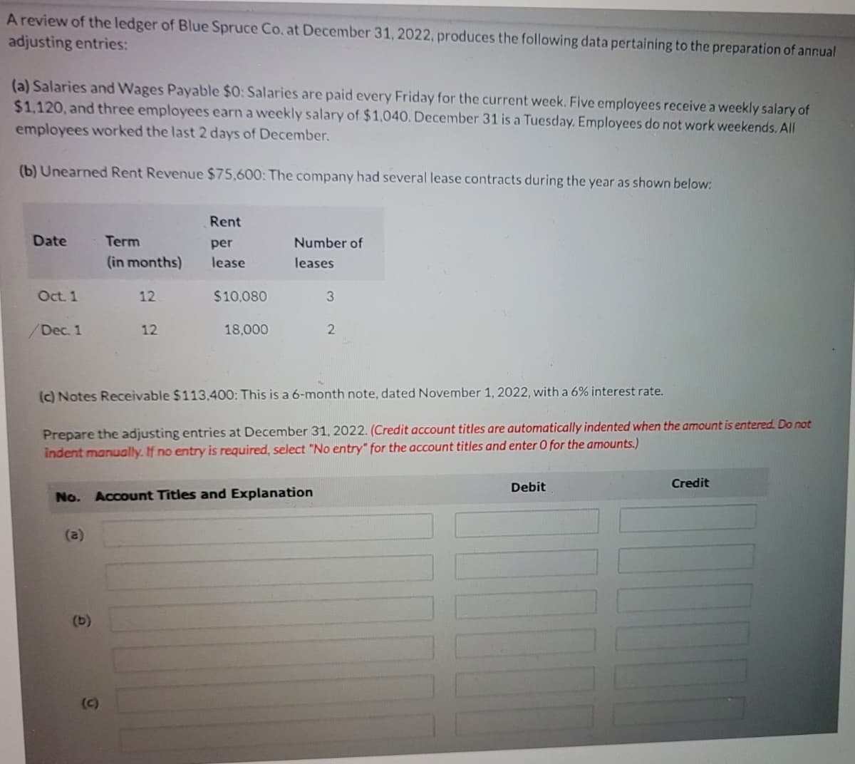 A review of the ledger of Blue Spruce Co. at December 31, 2022, produces the following data pertaining to the preparation of anrual
adjusting entries:
(a) Salaries and Wages Payable $0: Salaries are paid every Friday for the current week. Five employees receive a weekly salary of
$1,120, and three employees earn a weekly salary of $1,040, December 31 is a Tuesday. Employees do not work weekends. All
employees worked the last 2 days of December.
(b) Unearned Rent Revenue $75,600: The company had several lease contracts during the year as shown below:
Rent
Date
Term
per
Number of
(in months)
lease
leases
Oct. 1
12
$10,080
/Dec. 1
12
18,000
(c) Notes Receivable $113.400: This is a 6-month note, dated November 1, 2022, with a 6% interest rate.
Prepare the adjusting entries at December 31, 2022. (Credit account titles are automatically indented when the amount is entered. Do not
indent manually. If no entry is required, select "No entry" for the account titles and enter 0 for the amounts.)
Debit
Credit
No. Account Titles and Explanation
(a)
(b)
(C)
