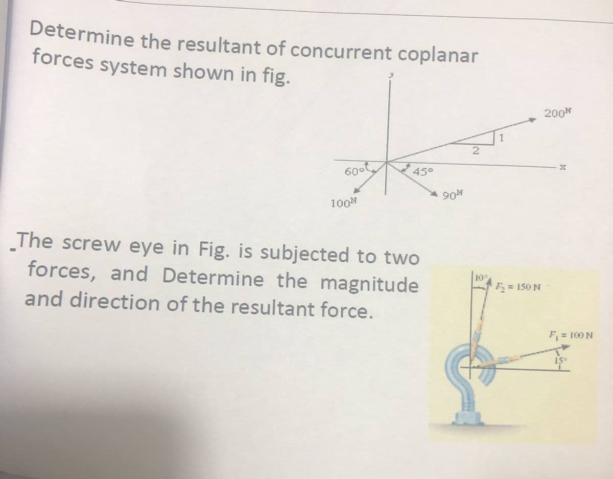 Determine the resultant of concurrent coplanar
forces system shown in fig.
200N
60ot,
45°
90N
100N
The screw eye in Fig. is subjected to two
forces, and Determine the magnitude
and direction of the resultant force.
10
F= 150 N
F, = 100 N
