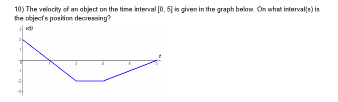 10) The velocity of an object on the time interval [0, 5] is given in the graph below. On what interval(s) is
the object's position decreasing?
31 vt)
2
1-
-1
