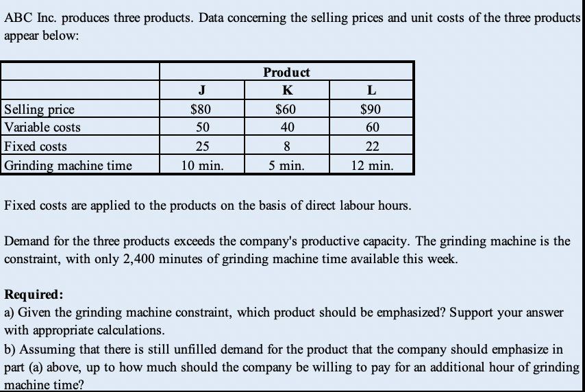 ABC Inc. produces three products. Data concerning the selling prices and unit costs of the three products
appear below:
Selling price
Variable costs
Fixed costs
Grinding machine time
J
$80
50
25
10 min.
Product
K
$60
40
8
5 min.
L
$90
60
22
12 min.
Fixed costs are applied to the products on the basis of direct labour hours.
Demand for the three products exceeds the company's productive capacity. The grinding machine is the
constraint, with only 2,400 minutes of grinding machine time available this week.
Required:
a) Given the grinding machine constraint, which product should be emphasized? Support your answer
with appropriate calculations.
b) Assuming that there is still unfilled demand for the product that the company should emphasize in
part (a) above, up to how much should the company be willing to pay for an additional hour of grinding
machine time?