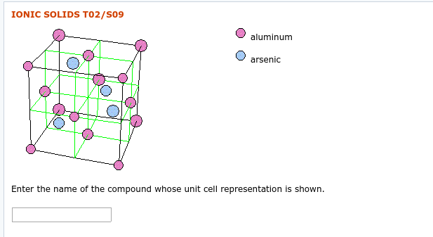 IONIC SOLIDS T02/S09
aluminum
arsenic
Enter the name of the compound whose unit cell representation is shown.
