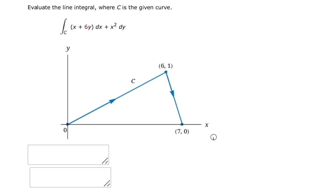 Evaluate the line integral, where C is the given curve.
(x +
y
(6, 1)
(7, 0)
