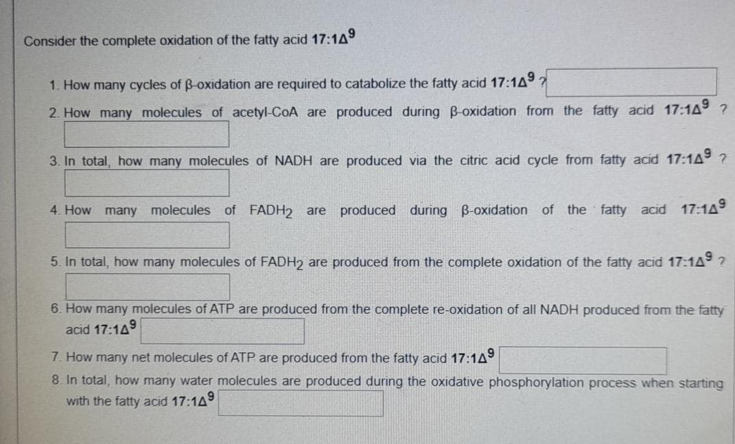 Consider the complete oxidation of the fatty acid 17:1A9
1. How many cycles of B-oxidation are required to catabolize the fatty acid 17:1A?
2. How many molecules of acetyl-CoA are produced during B-oxidation from the fatty acid 17:1A ?
3. In total, how many molecules of NADH are produced via the citric acid cycle from fatty acid 17:1A ?
4. How many molecules of FADH2 are produced during B-oxidation of the fatty acid 17:1A
5. In total, how many molecules of FADH2 are produced from the complete oxidation of the fatty acid 17:1A ?
6. How many molecules of ATP are produced from the complete re-oxidation of all NADH produced from the fatty
acid 17:149
7. How many net molecules of ATP are produced from the fatty acid 17:1A9
8. In total, how many water molecules are produced during the oxidative phosphorylation process when starting
with the fatty acid 17:1A9
